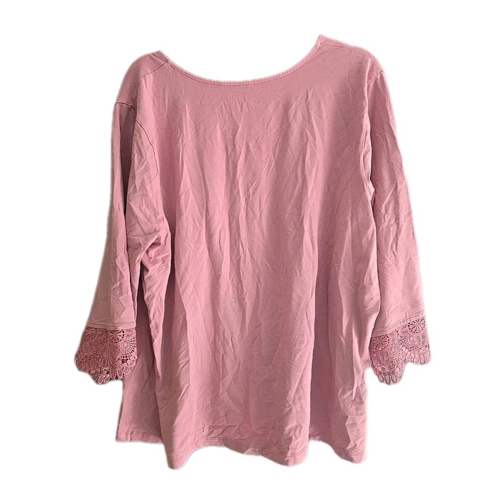 Denim & Co. Pink V-Neck Lace Detail 3/4 Sleeve Casual Top Womans Plus Size 3X - Picture 2 of 6